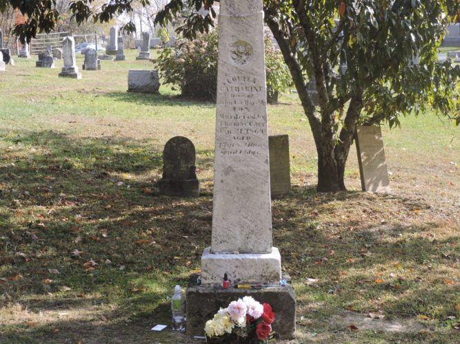 Photos by Dylan McKenzie The gravestone of Louiza Catherine Fox in Salem Cemetery. Fox was murdered by her lover, Thomas Carr, who was charged with her death and became the first man hanged in Belmont County.